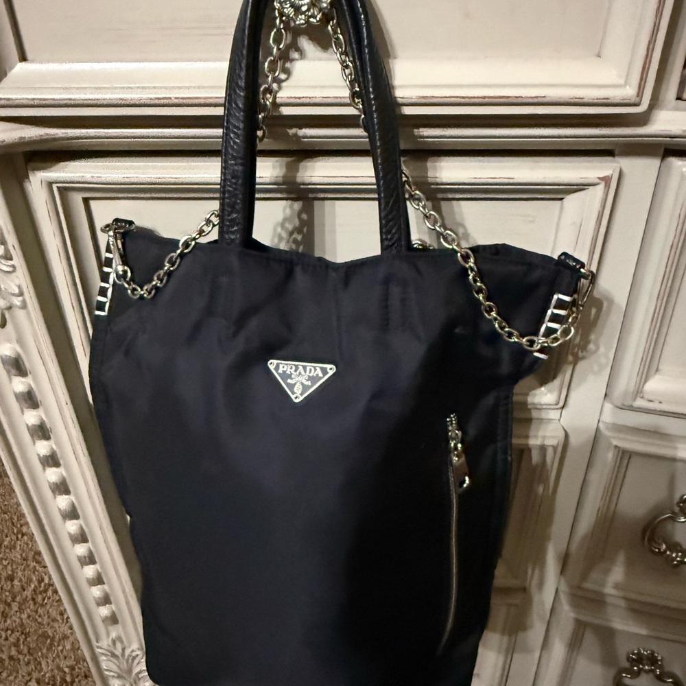 Prada Black Nylon Tote with Chain-Trim Handles - Picture 3 of 8